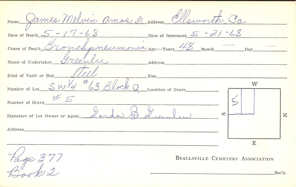 James Melvin Ames Sr. burial card